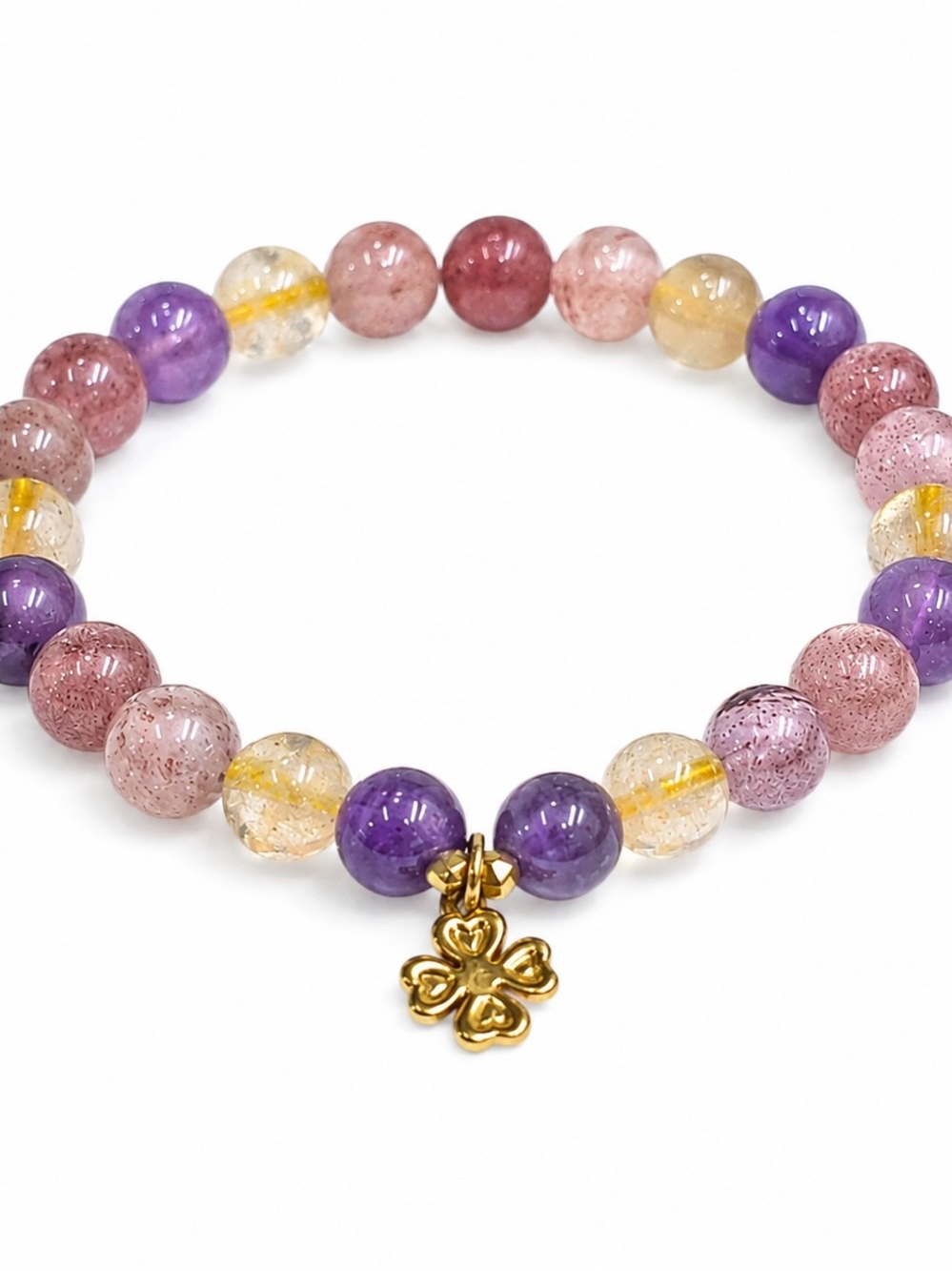 Handmade Purple, Pink & Gold Beaded Clover Charm Bracelet